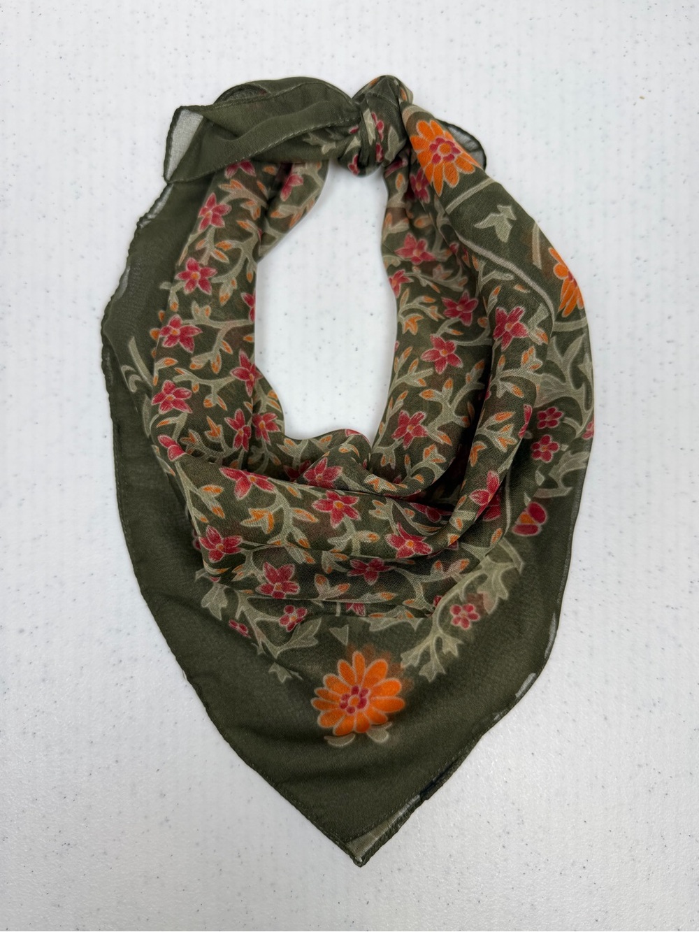 Anthropologie Olive Green Floral Square Scarf 20” x 20” Lightweight Sheer